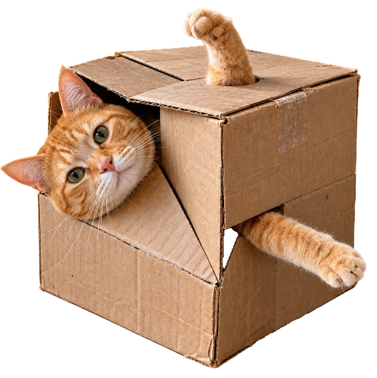 An orange tabby cat inside a cardboard box, its head out one side, a paw out the top and another paw out the front.