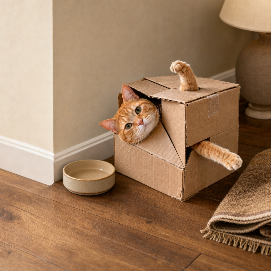 The cat in its cardboard box beside a wall corner, a ceramic bowl, a lamp and a folded rug on a wooden floor.